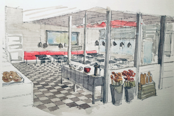 Akvarell av koncept för restaurang design med rött som accentfärg